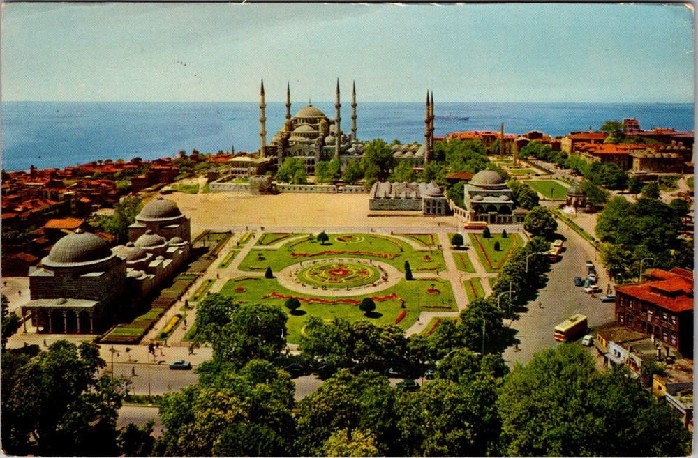 Istanbul Blue Mosque Aerial View Postcard Sultan Ahmet Camii Turkey Mailed 60s