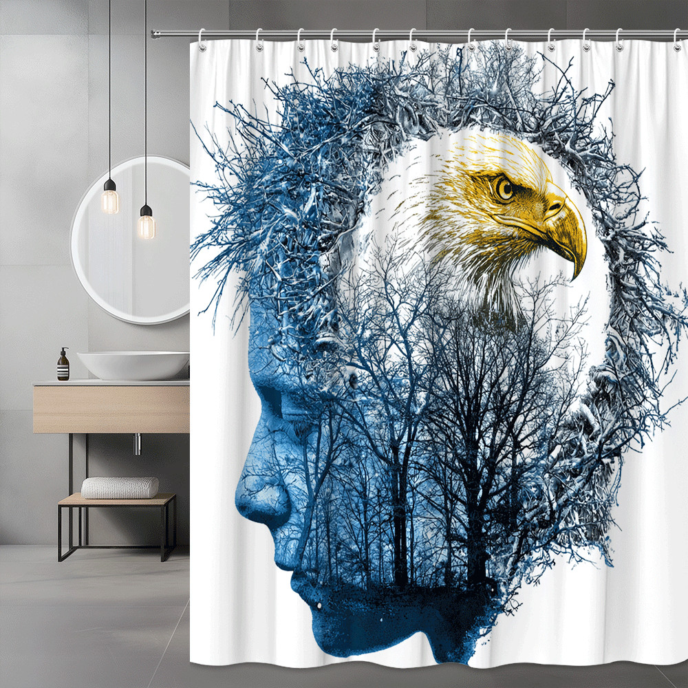 Eagle Head Forest Double Exposure Shower Curtain Blue White