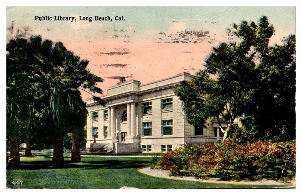 c1910 Public Library Garden Long Beach California Vintage Postcard