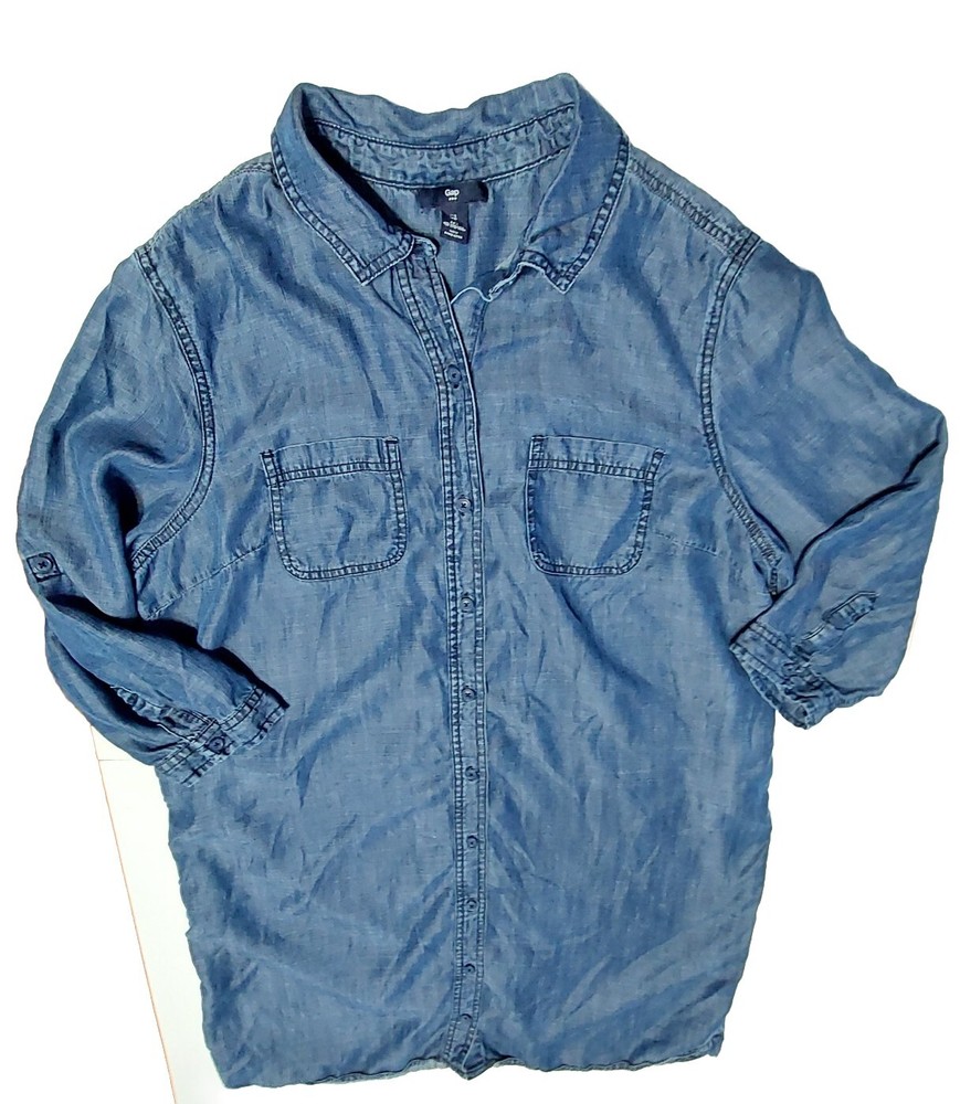 Woman Gap Denim Long Shirt 3/4 Sleeve Shirt Collar 36
