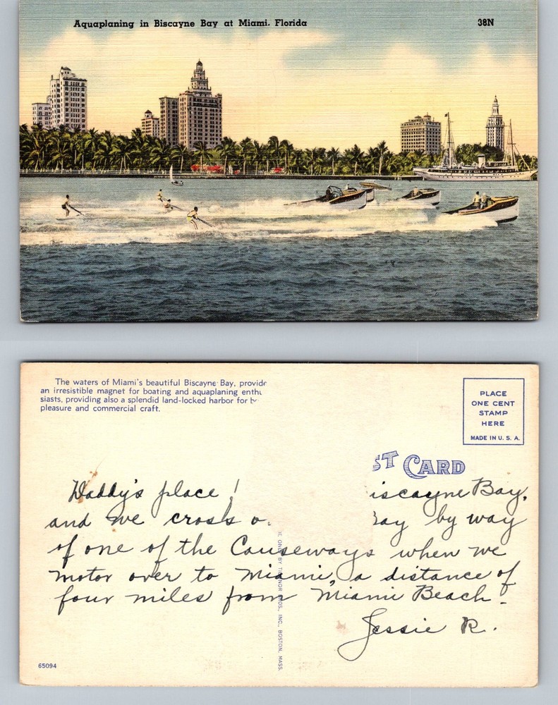 Miami, FL-Florida, Aquaplaning Biscayne Bay Boats Waterfront Vintage Postcard