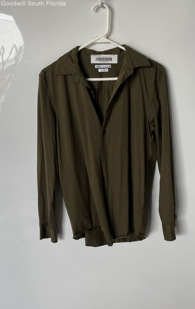 Zara Mens Green Knitted Long Sleeve Collared Button-Up Shirt Size Medium