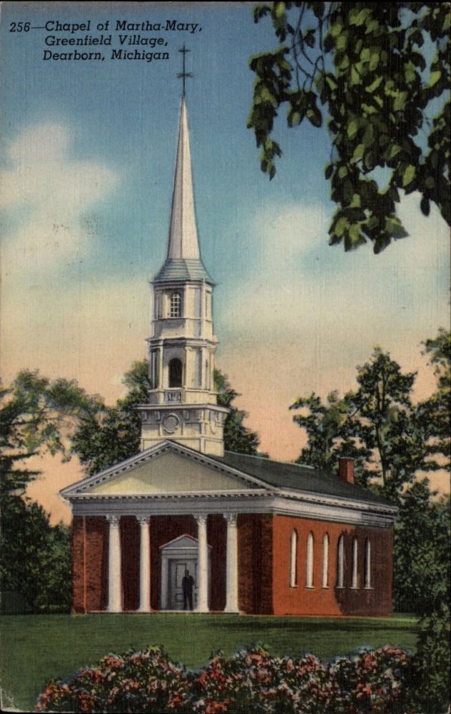 Michigan Greenfield Village Martha Mary Chapel ~ 1940s linen postcard sku797