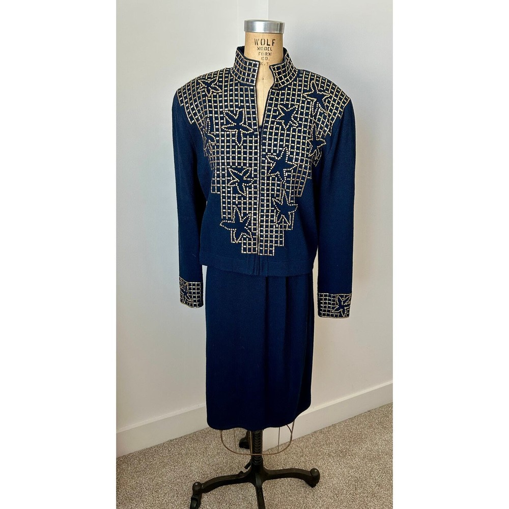 St. John by Marie Gray Vintage Navy Blue Suit with Gold Stars & Trim size 8