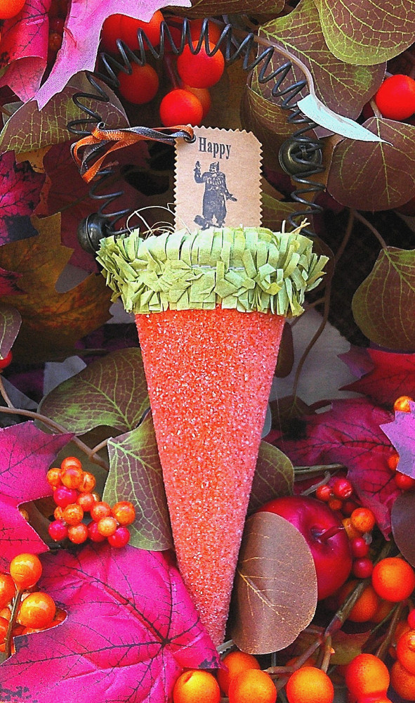 Wendy Addison Orange Glass Glitter Crepe Paper Halloween Cone Ornament EUC