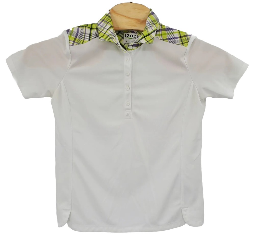 IZOD Golf Polo Women's Size Medium Top White Green Plaid Trim 1/4 Button Tennis