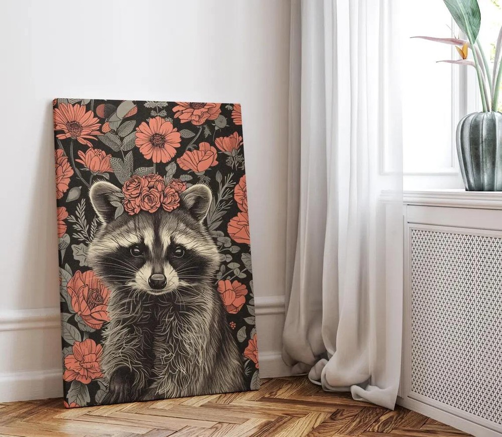 Floral Raccoon Hippy Raccoon in Flower Crown Wall Art Canvas Unframed Print Art