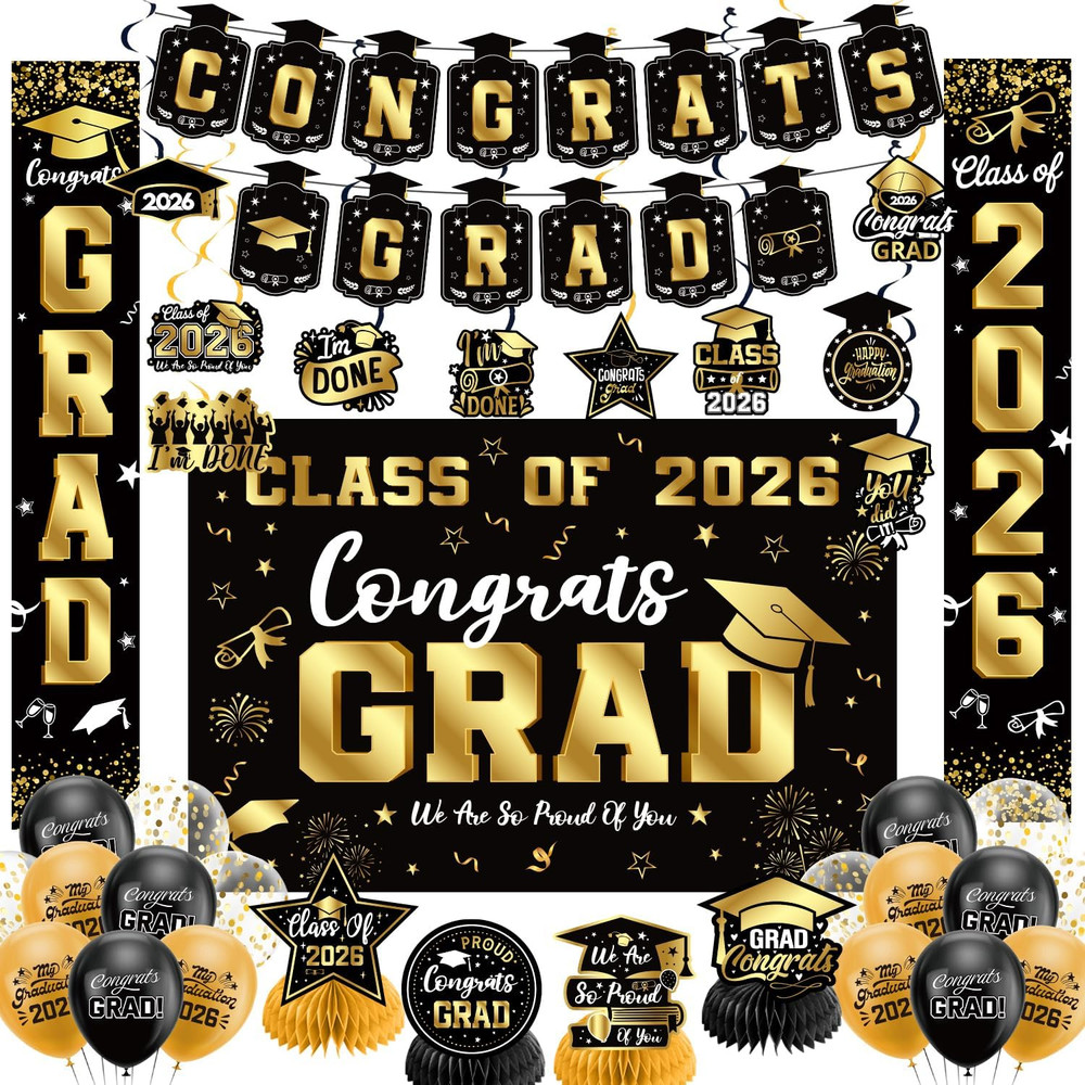Graduation Decorations 2026 Set Black Gold, Congrats Grad Decor Set with Banner
