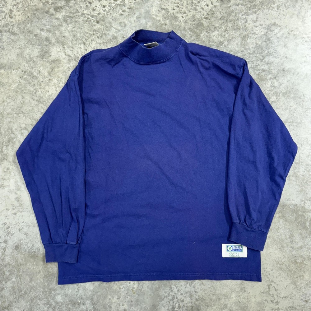 Vintage Discus Athletic Shirt Mens 2XL Blue Mock Neck Long Sleeve Solid Tee 90s