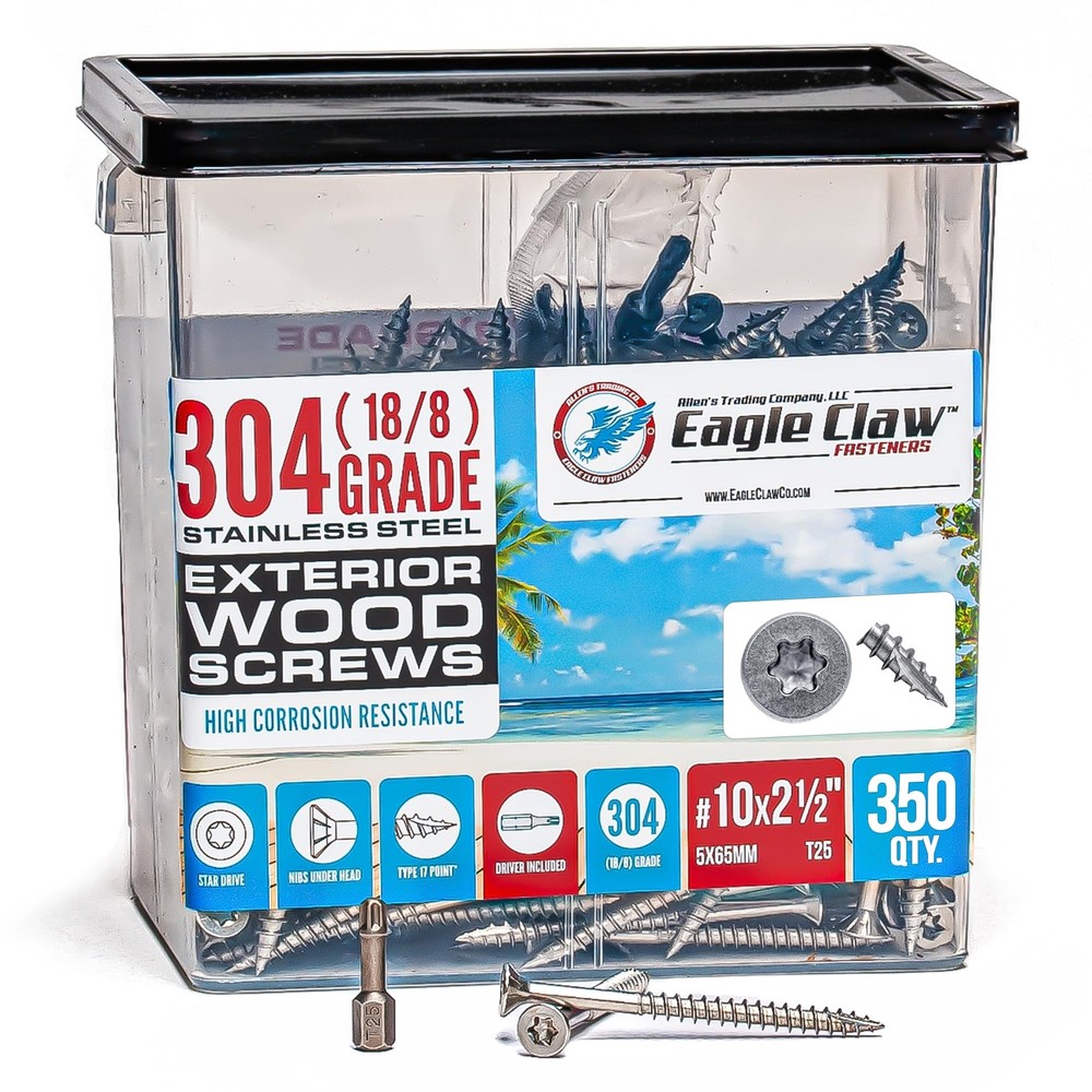 350 SS Deck Screws 10x2.5 Inch T25 Flat Head Outdoor Fasteners