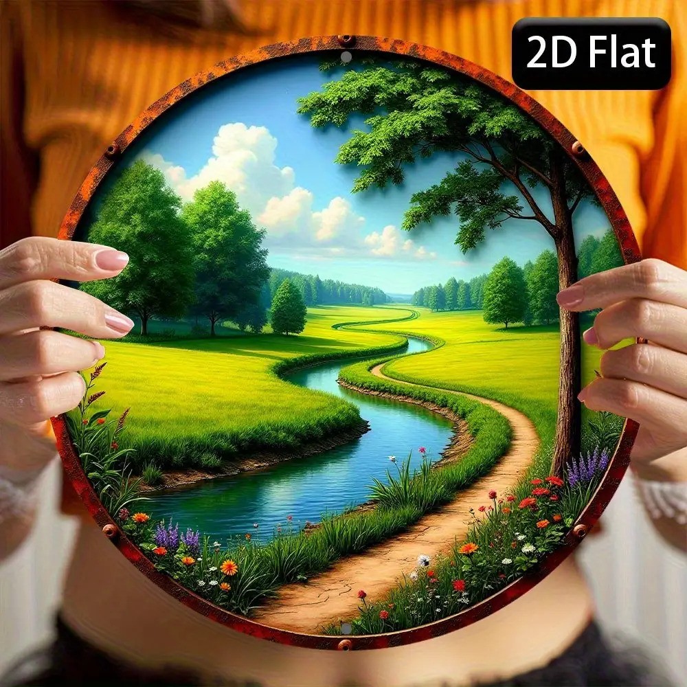 Serene Forest River Landscape Round Metal Wall Art Lush