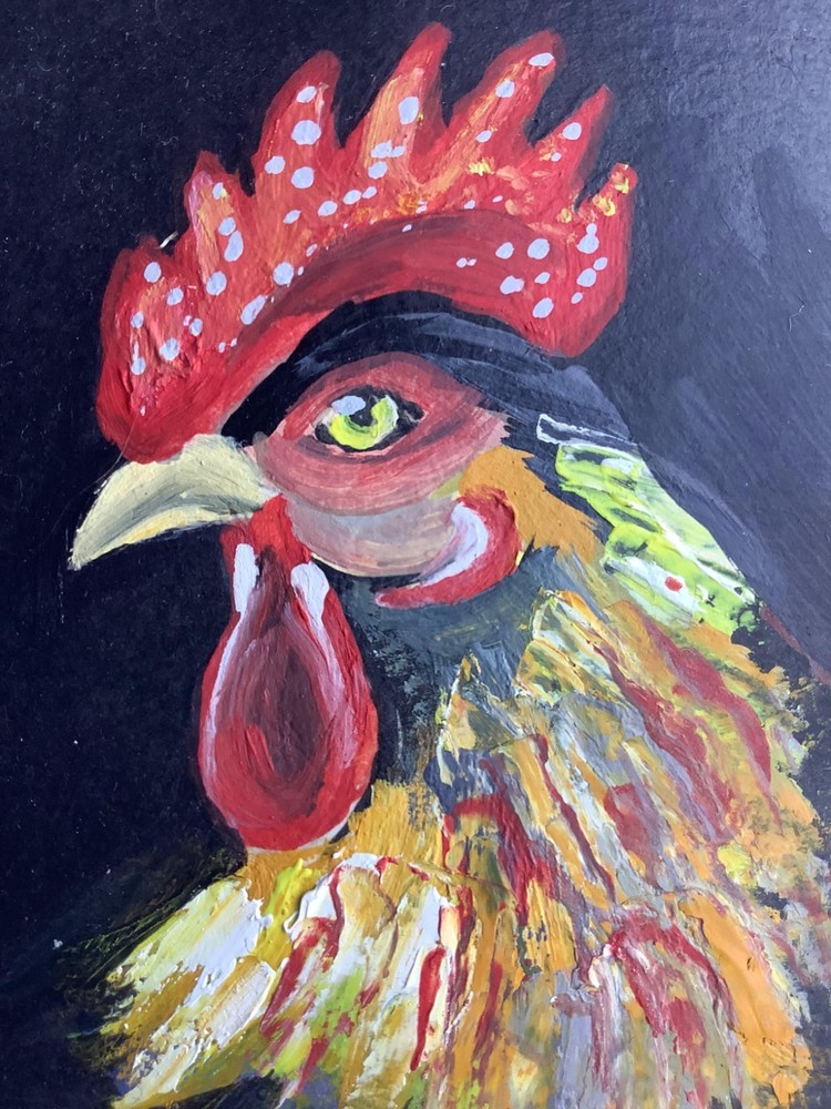 ACEO Original Rooster Painting Whimsical Chicken Farm Art Miniature OOAK Texture