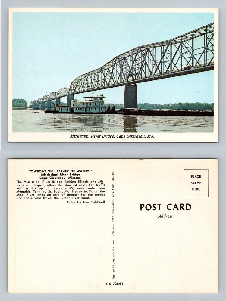 Cape Girardeau, MO-Missouri, Mississippi River Bridge Towboat Vintage Postcard