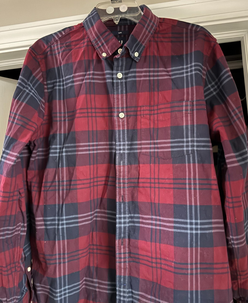 Men's L Gap Slim Fit Red/blue Plaid Cotton Button Up Long Sleeve shirt