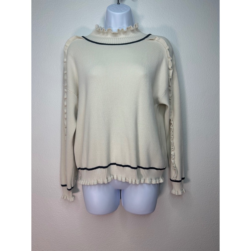 Adrianna Papell Cream Ruffle Trim Mock Neck Long Sleeve Knit Sweater size M