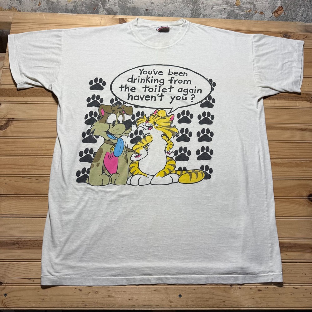 Vintage 90s Drinking From The Toilet Cat Dog Paw Print Funny Cartoon T-Shirt 3XL