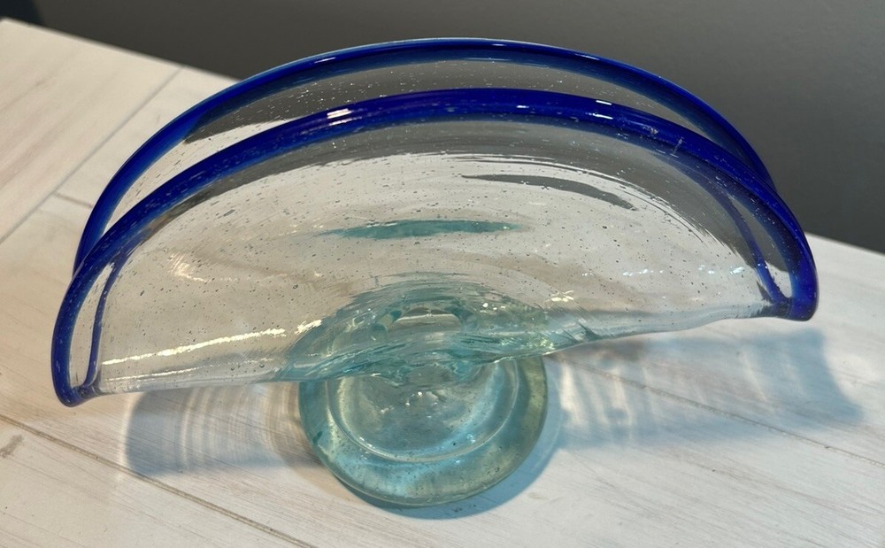 Art Glass Napkin/Letter Holder Blue Bubble Glass , Handmade