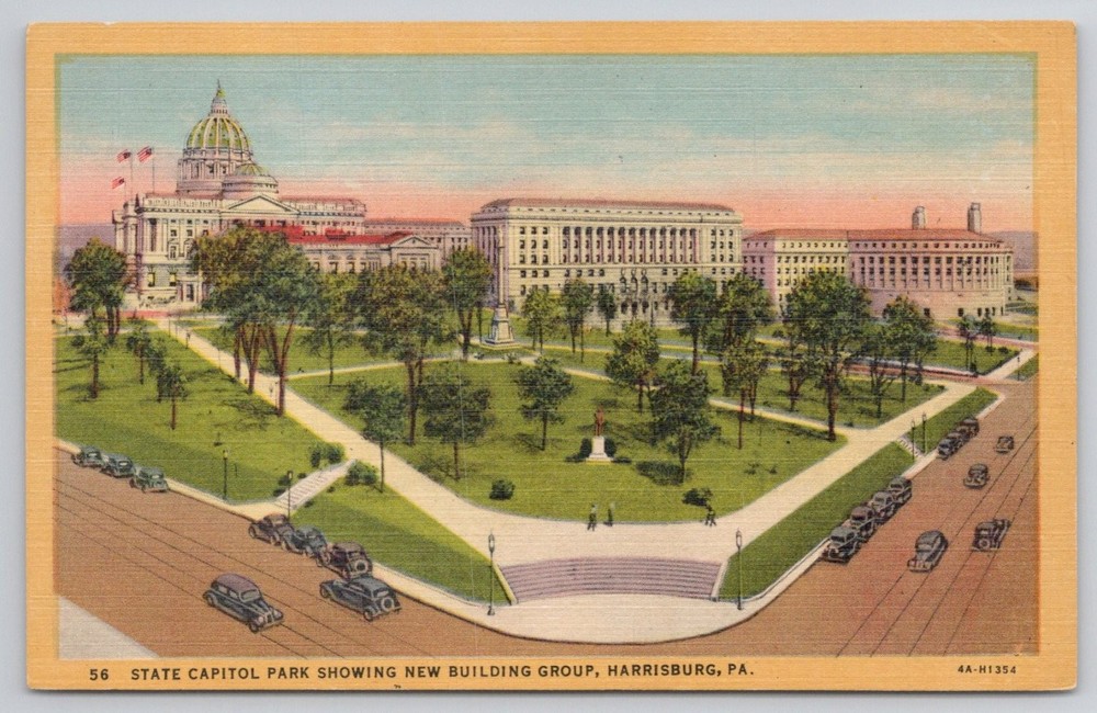 Harrisburg PA State Capitol Park New Building Group Curteich Linen Postcard