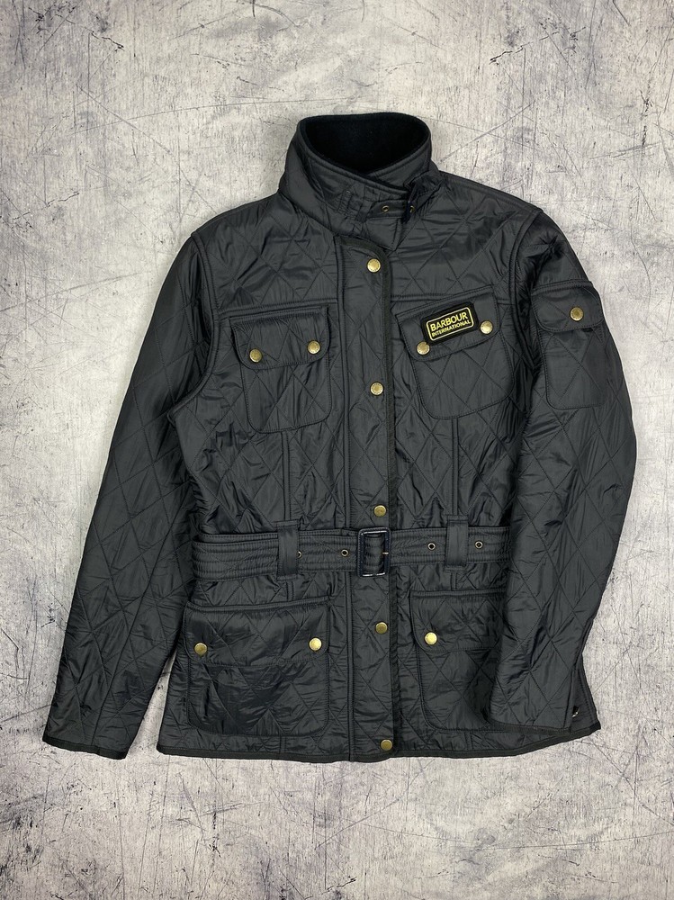 BARBOUR INTERNATIONAL Jacket Womens UK 12 Black Polarquilt Belted Fleece Lined