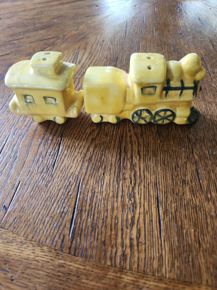 Vintage Yellow ceramic train engine and caboose salt and pepper shakers