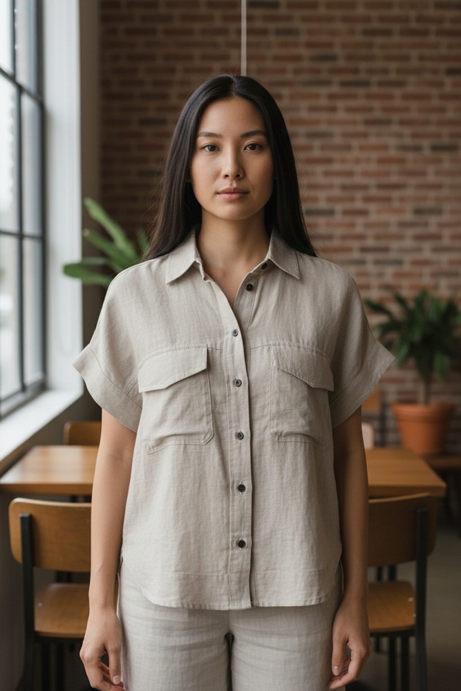 Madewell Women's Beige Linen Button-Up Chic Blouse NWT Size M