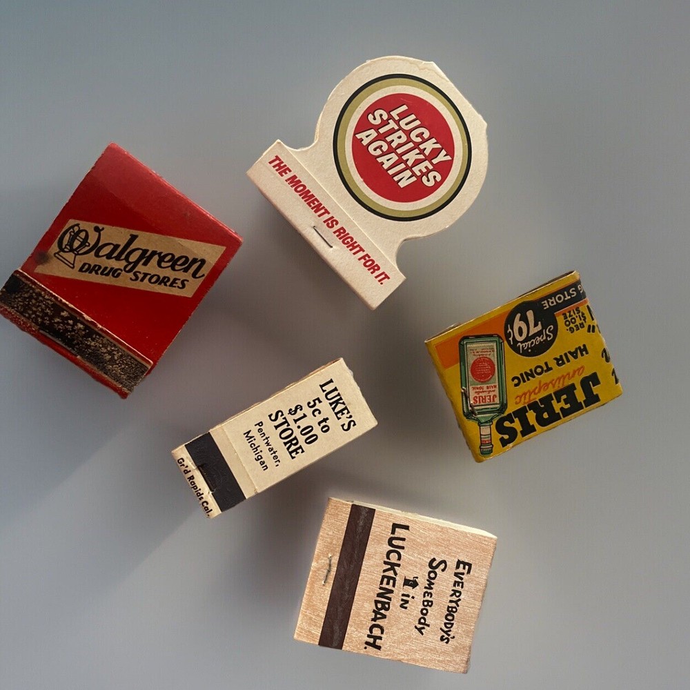 Vintage Matchbooks Jeris Antiseptic Hair Tonic Walgreens Lucky Strike Luckenbach 5-Pack