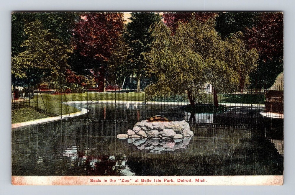 Detroit MI-Michigan, Belle Isle Park Seals, Antique Vintage Souvenir Postcard