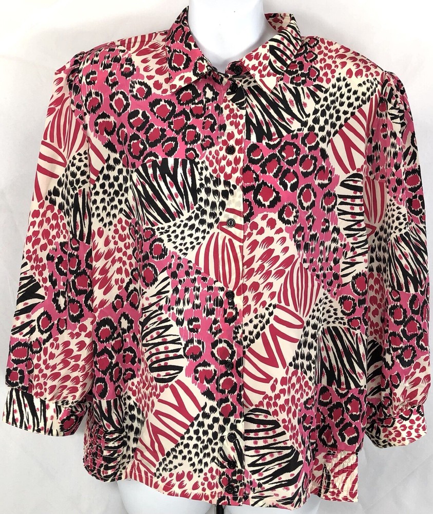 Vintage silky flowy Top 44 L zebra Pink Blk ButtonUp Collar 90s Career Glam Chic