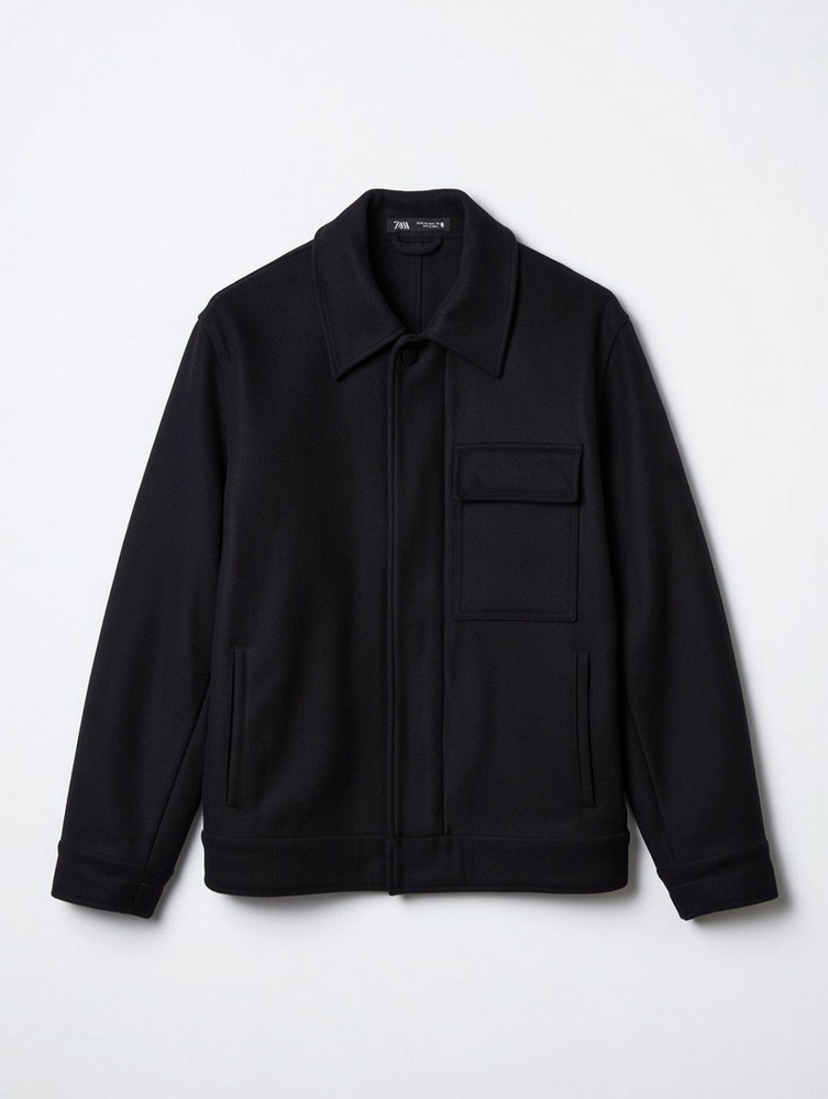 ZARA Men's Navy Faux Wool Short Jacket Zip Button Point Collar Pockets Size M