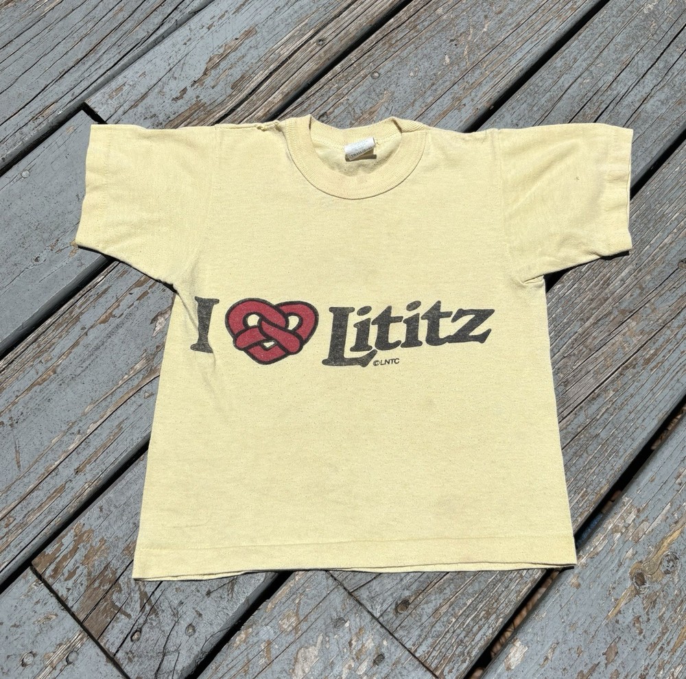 Vintage 70s I Love Lititz Pretzels Women's Baby Tee Shirt Youth Pastel Yellow