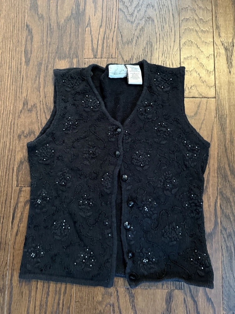 Kathie Lee Vintage Collection Women’s Black med Floral & Rhinestone Sweater Vest