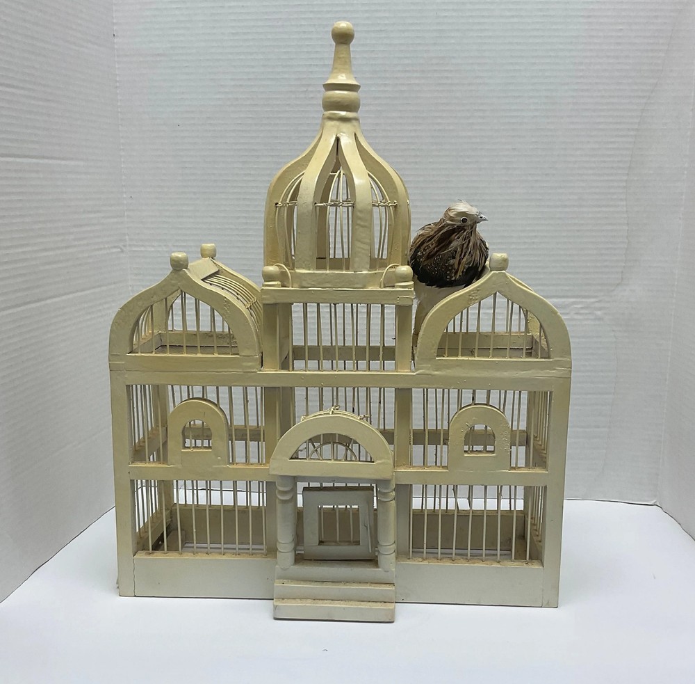 Taj Mahal Inspired Vintage White Wood and Wire Bird Cage and Decorative Bird