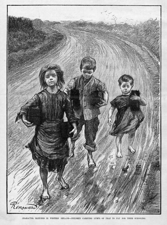 CHILDREN CARRYING LUMPS OF PEAT TO PAY FOR SCHOOLING
