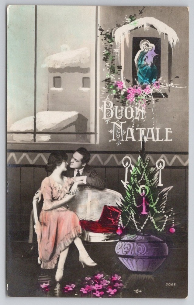 Vintage Buon Natale Christmas Postcard - Romantic Couple, Madonna, Italian