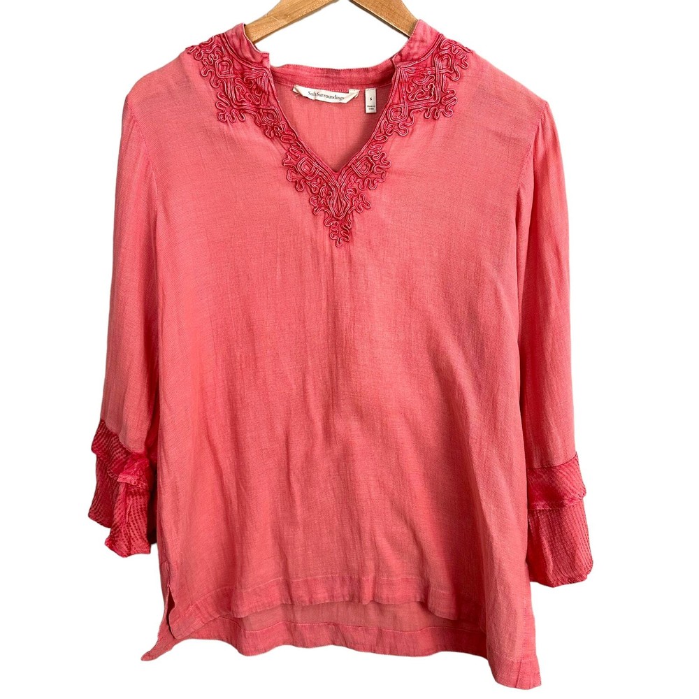 Soft Surroundings Coral Pink Embroider Brocade Tunic Top Shirt Blouse S Small