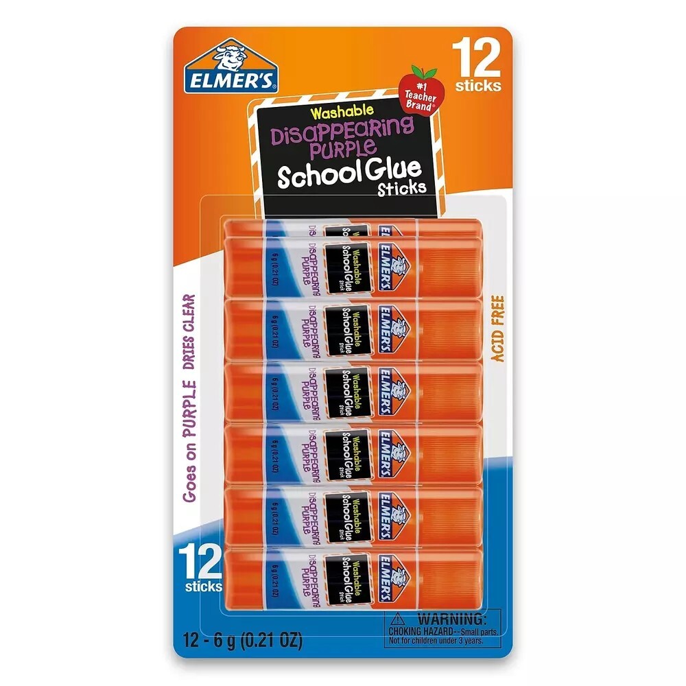 ELMER'S Disappearing Purple School Glue Sticks, Washable, 6 Grams, 12 Count