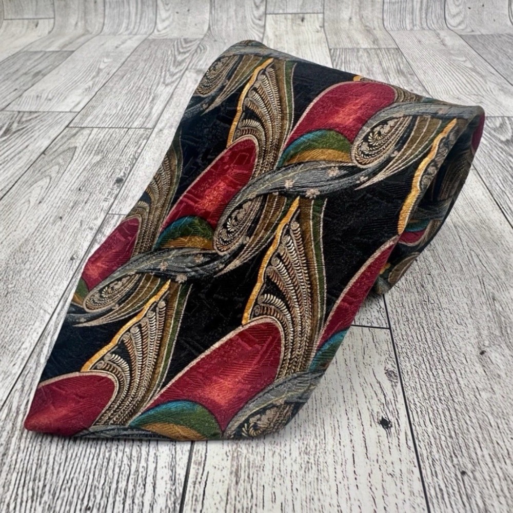 Ermenegildo Zegna 100% Silk Tie Black Multicolor Abstract Design Italy 61”X LONG