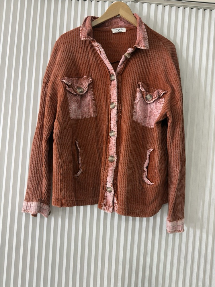 Zenana Orange Oversized Cotton Waffle Shacket Knit Button Down Distressed XL