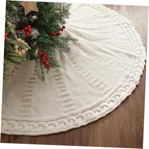 Knitted Christmas Tree Skirt: 48 Inches Cream 48inch-Cream Braided Cable Knit