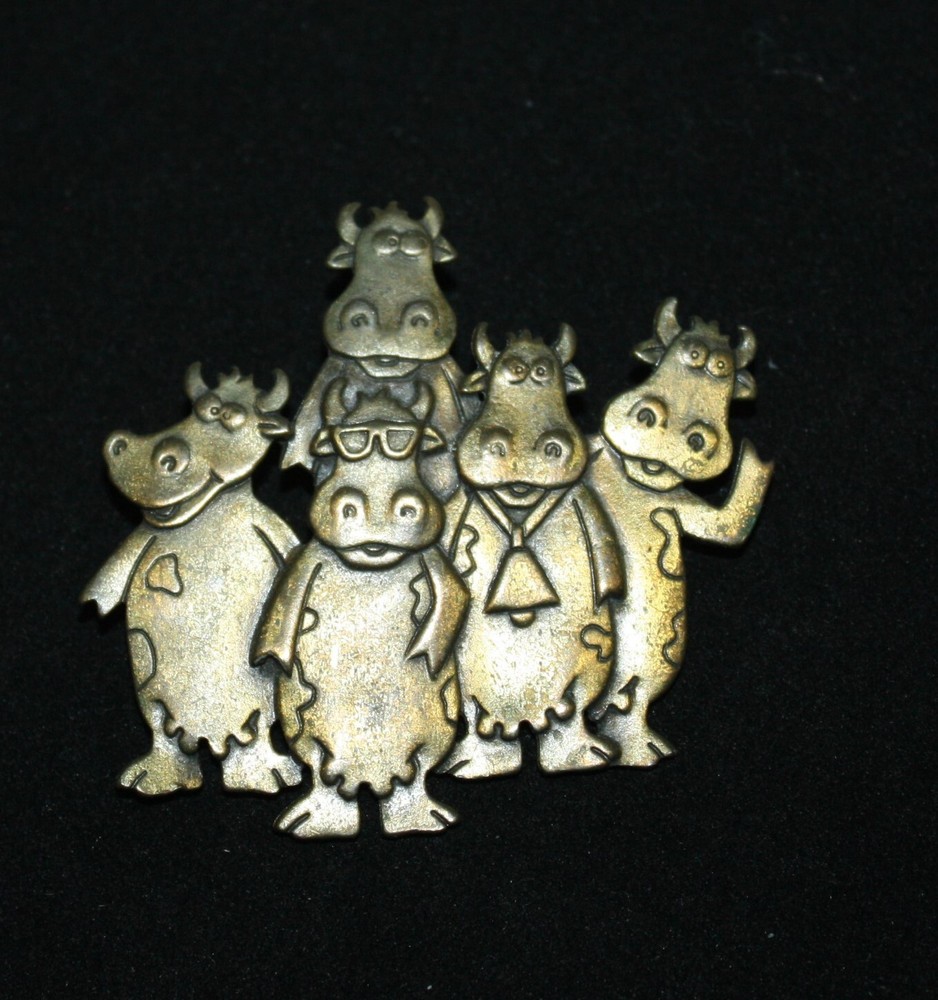Vtg JJ Jonette 1988 Gathering Happy Cows Gold Tone Metal Brooch Pin