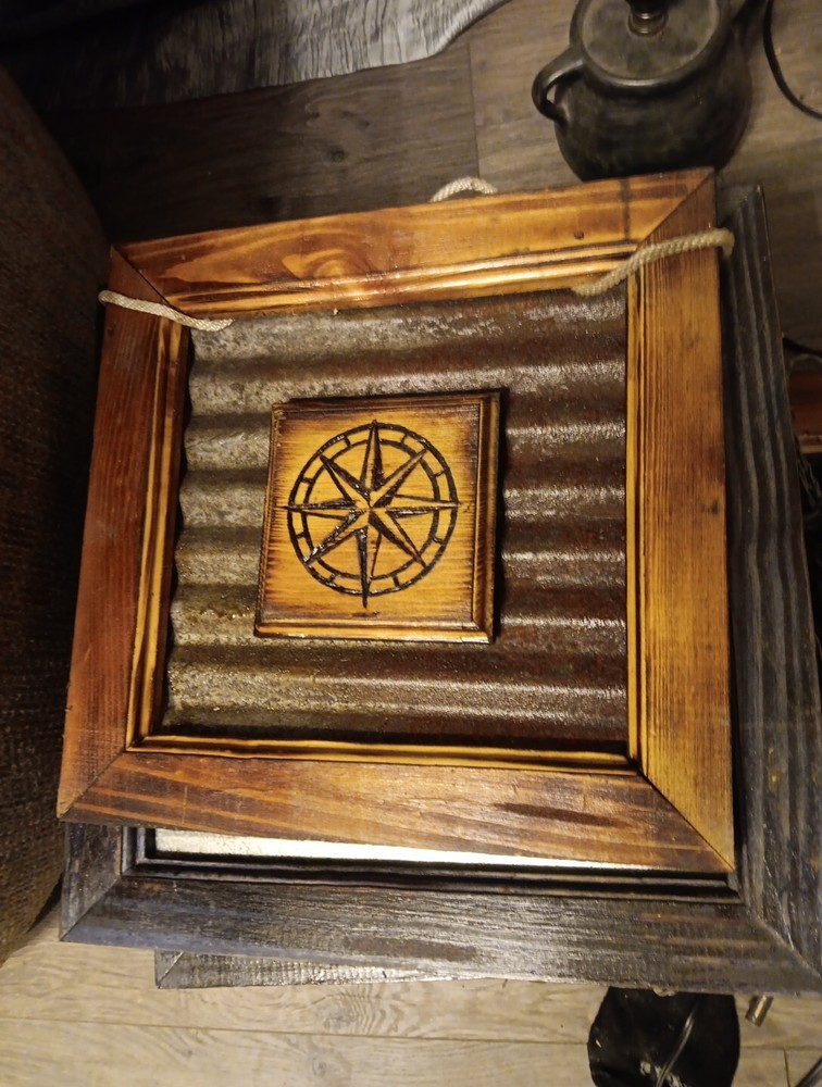 Rustic Nautical Ship Compass Wood Burned Onto Plaque