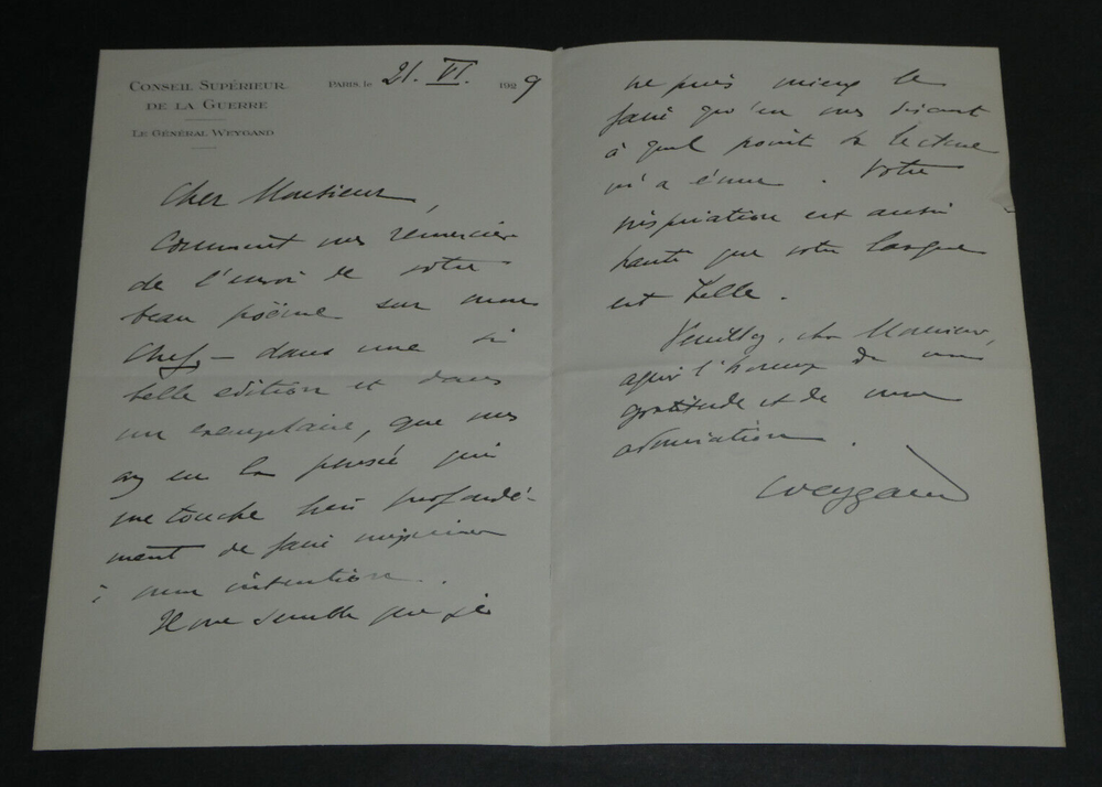 The General Weygand - Letter Autograph Signed Armand Godoy - Foch - 1929