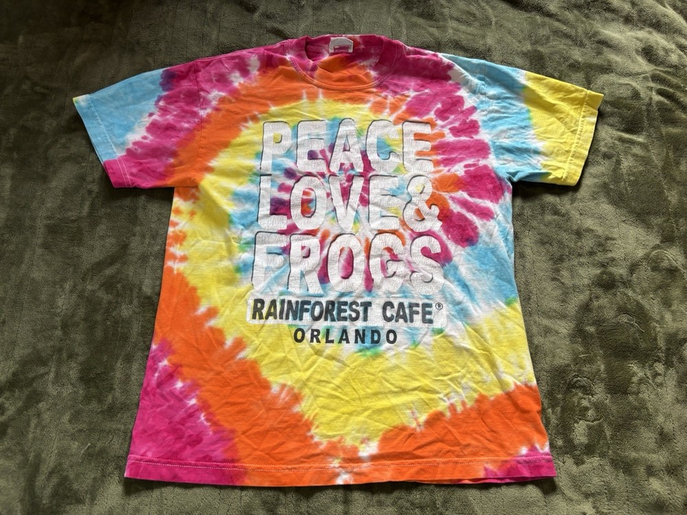 Vintage Rainforest Cafe Shirt Mens Medium Multicolor Tie Dye Peace Love Frogs
