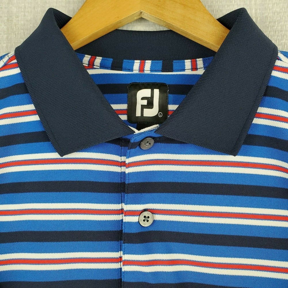 FOOTJOY Size Large Mens Polo Golf Shirt Red White Blue Striped Stretchy FJ