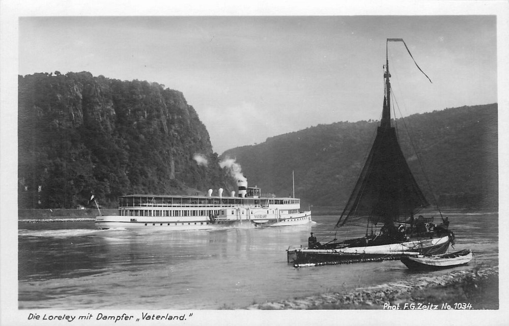1920s Germany Rhein river Vaterland Steamboat Postcard RPPC 24-11747