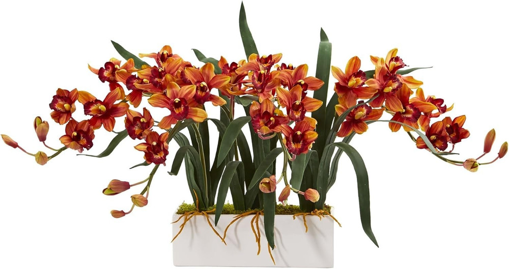 Nearly Natural Cymbidium Artificial Arrangement In White Vase Burgundy