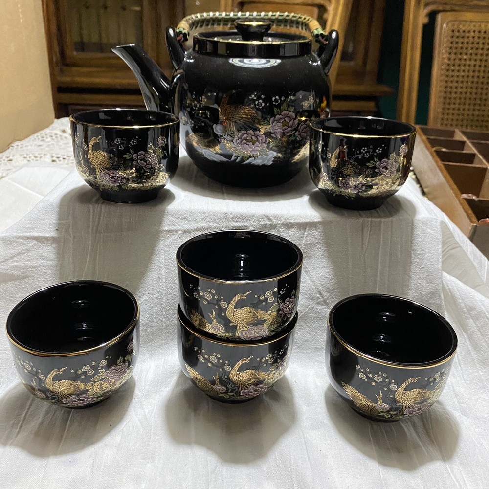 Vintage OMC Japan Teapot Set 6 Tea cups Black Gold Peacocks Saki Christmas Gift