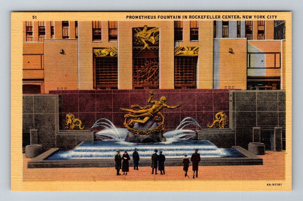 New York City NY, Prometheus Fountain Rockefeller Center Vintage Postcard