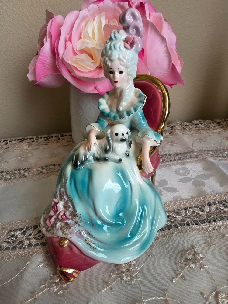 Josef Originals Colonial days Series Lady with Dog Figurine (Repaired, Chipped)