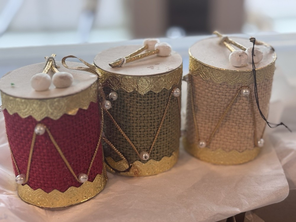 Vintage MCM Burlap Drum Christmas Kitschy Ornaments Set Of 3 Handmade